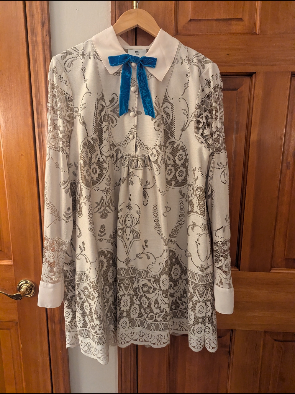 Anna Sui Target Collab Cream Lace-Pattern Mini Dress with Blue Velvet Bow Accent